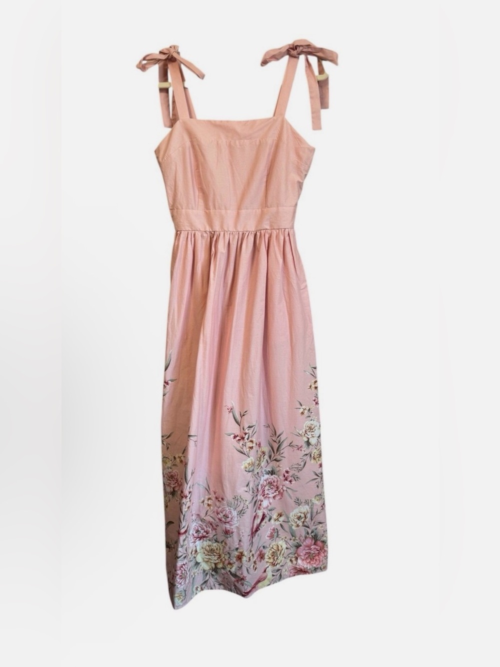 Joie Powder Pink Floral Midi Dress Tie Straps Sz L Soft Girl Cottagecore Smocked